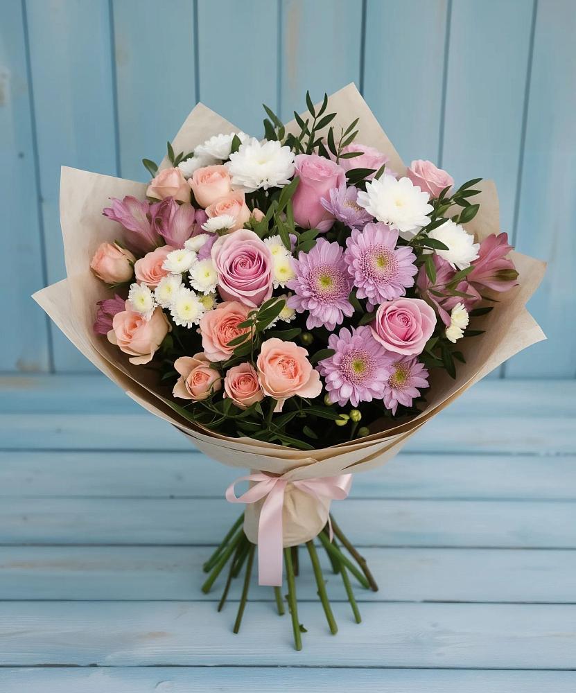 Букет цветов из: Хризантемы, Розы и Альстромерии в Белово