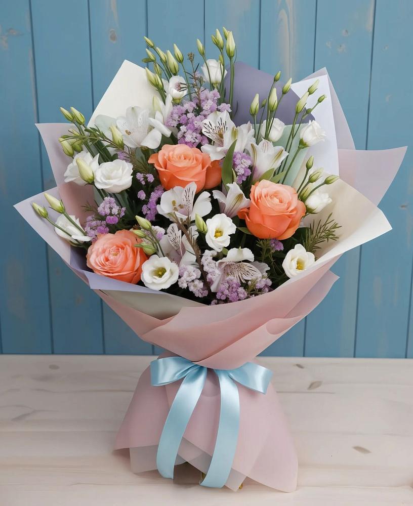 Букет цветов из: Лизиантусы, Розы, Альстромерии и Гипсофила в Белово